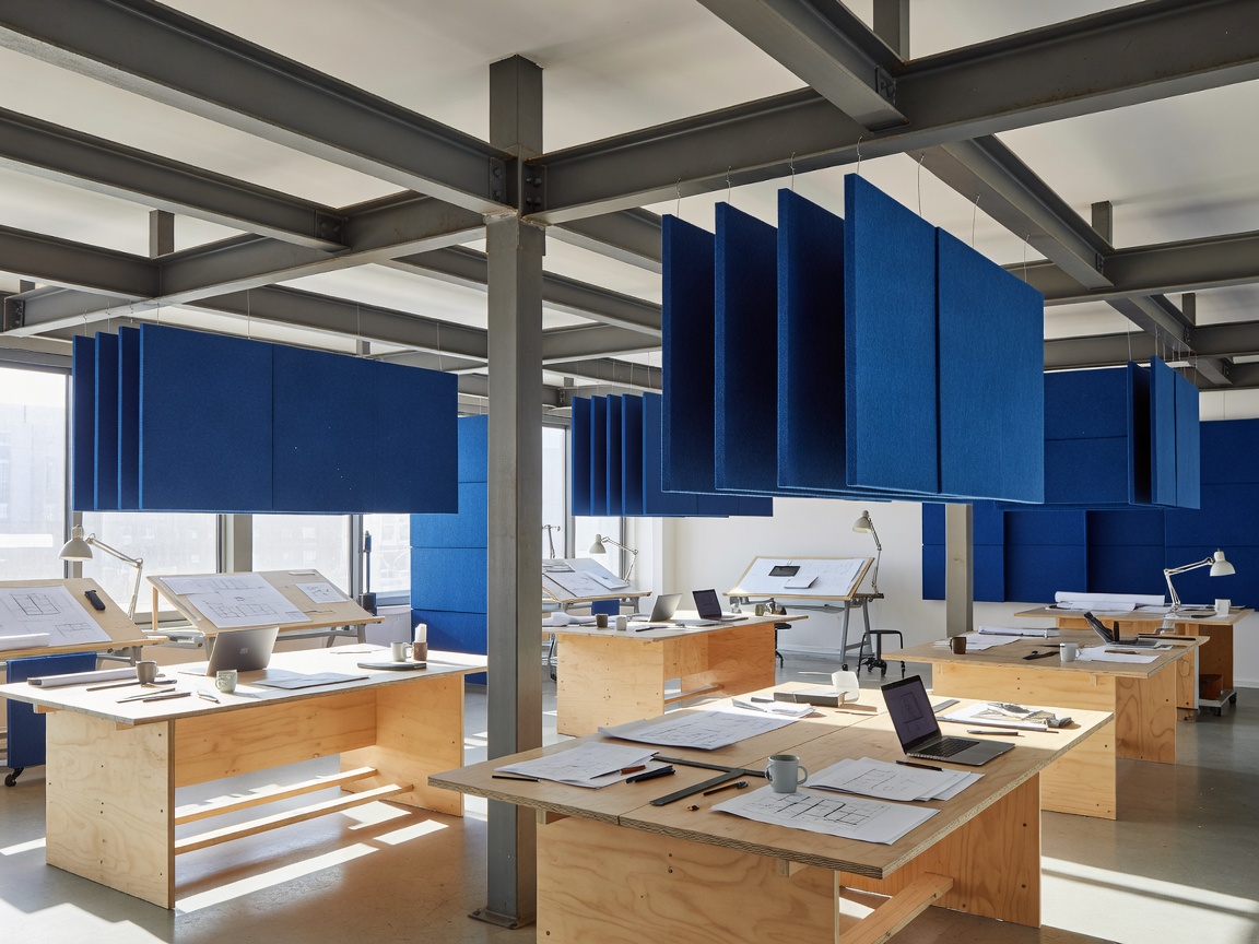 Architectural design studio workspace with exposed structural steel beams, raw plywood breakout tables, and deep blue acoustic baffling