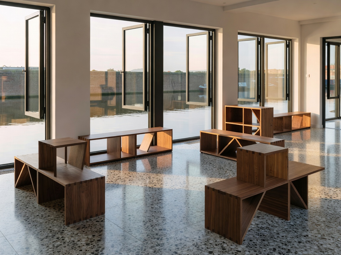 Canal loft interior with floor-to-ceiling pivot windows, terrazzo floors, and built-in geometric timber furniture