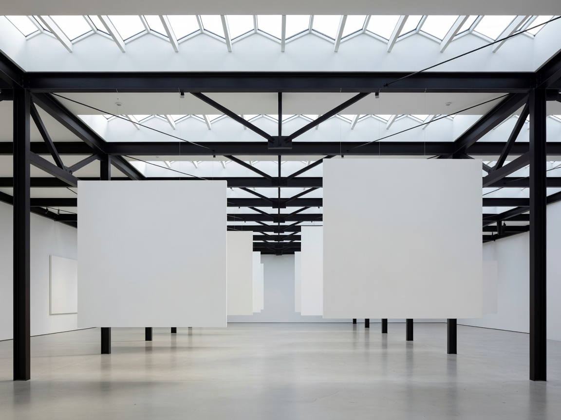 Contemporary art gallery hall with floating drywall panels, diffuse sawtooth skylights, and black steel structural trusses