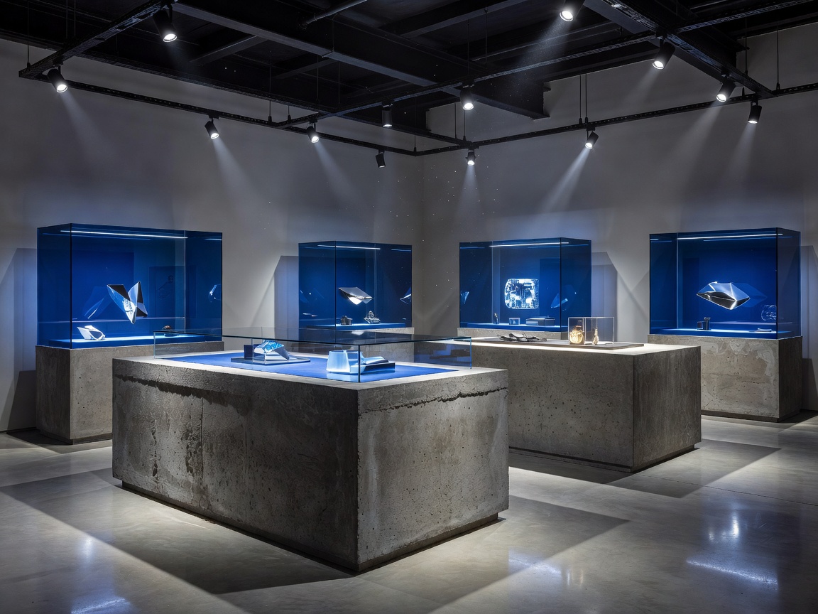 Futuristic Amsterdam retail concept store with raw textured concrete counters, cobalt blue glass display vitrines, and industrial lighting tracks