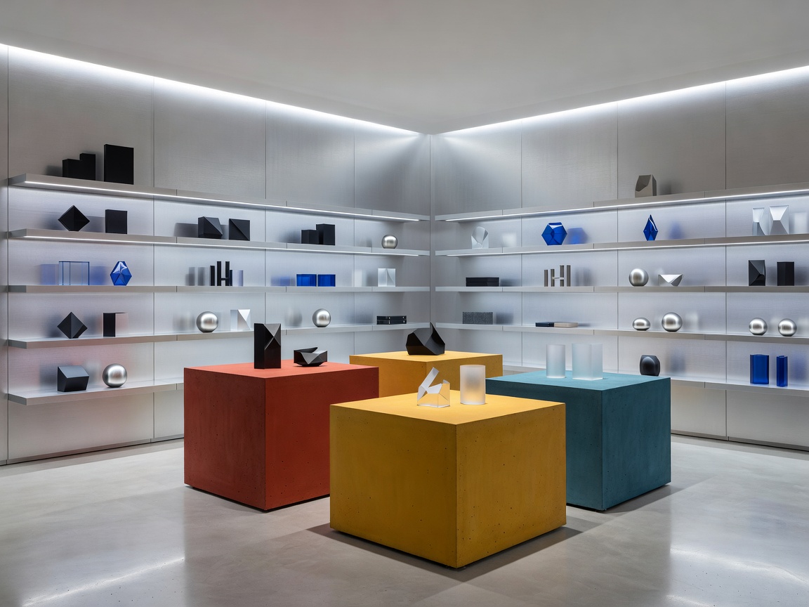 Futuristic retail interior featuring brushed aluminium shelving and pigmented monolithic concrete plinths