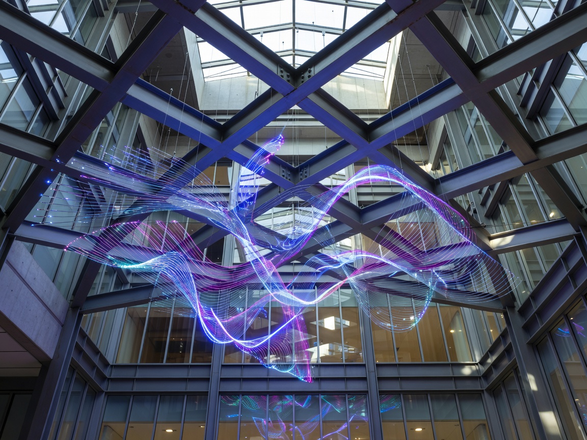 Kinetic light sculpture and structural steel lattice pavilion suspended in an atrium