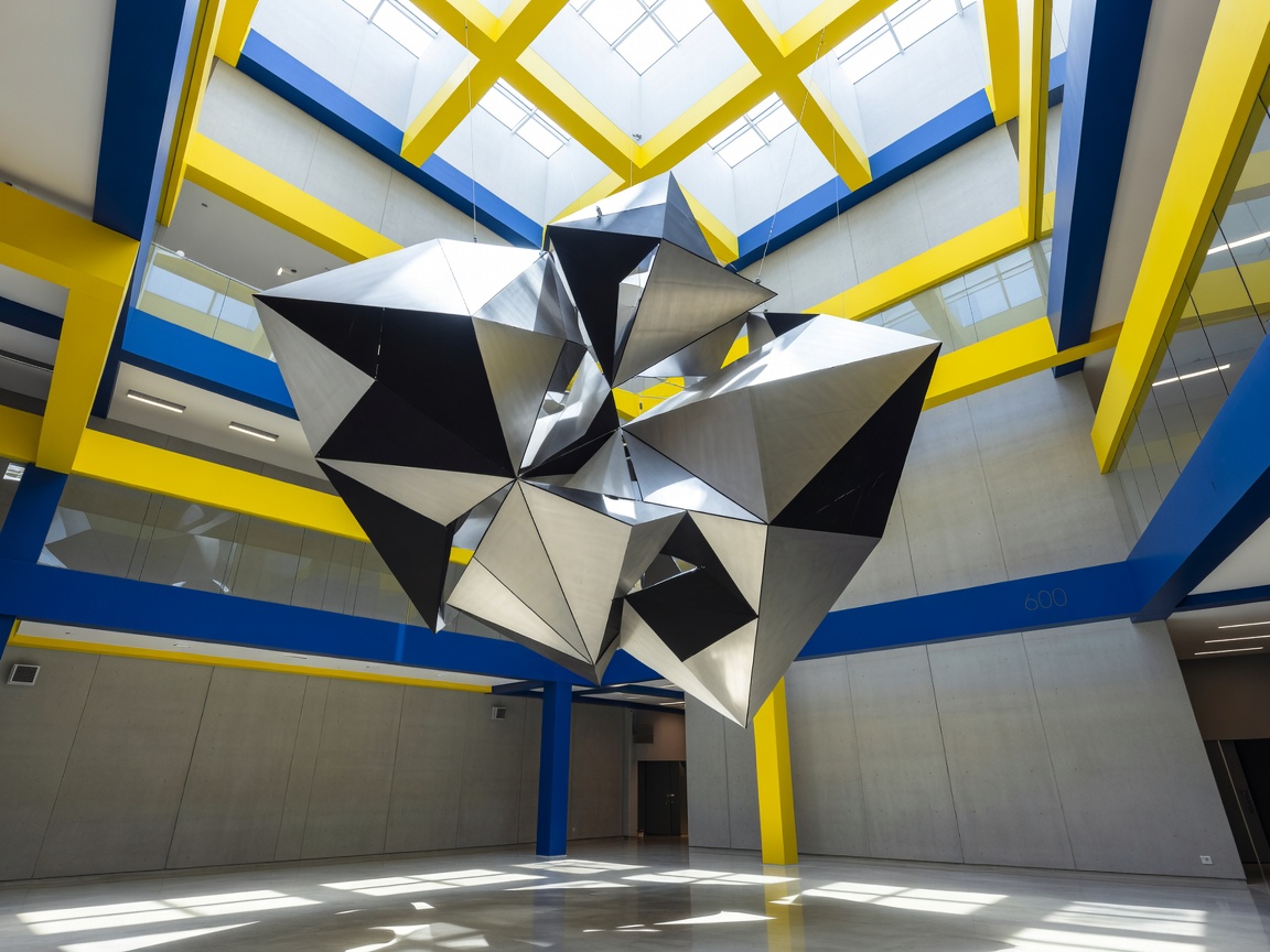 Large scale geometric metal installation suspended inside a high ceiling atrium with bold yellow and cobalt blue structural beams