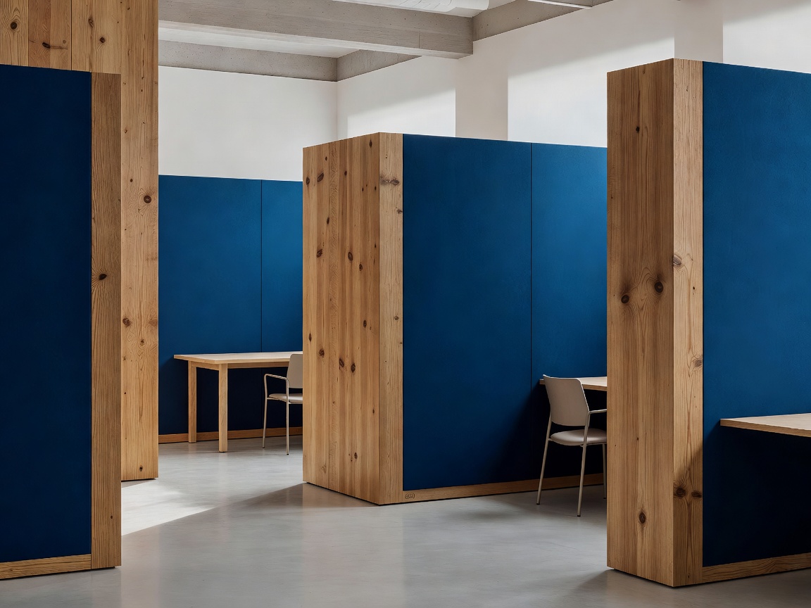 Minimalist architectural workplace interior with raw Douglas fir partitions and cobalt blue acoustic panels