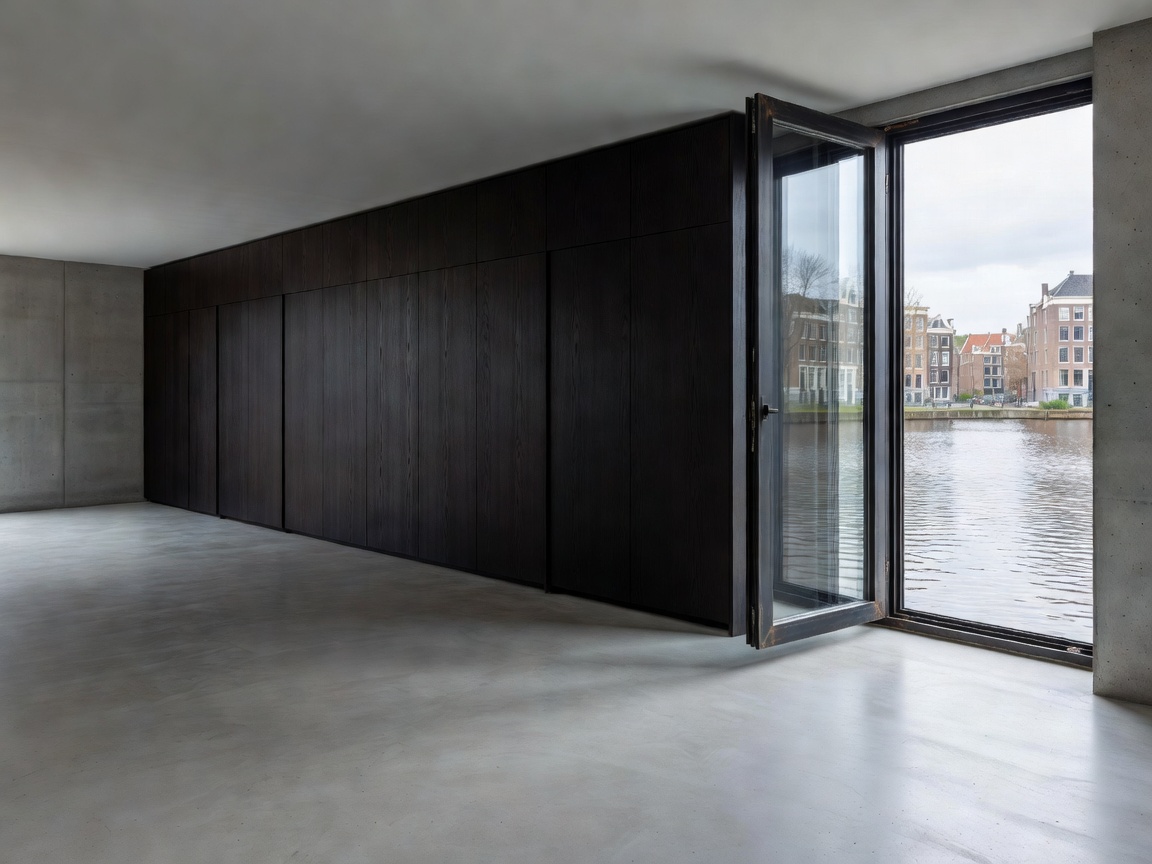 Minimalist canal house living space with continuous cast concrete floor, custom black oak floor-to-ceiling cabinetry, and huge steel pivot window looking onto water