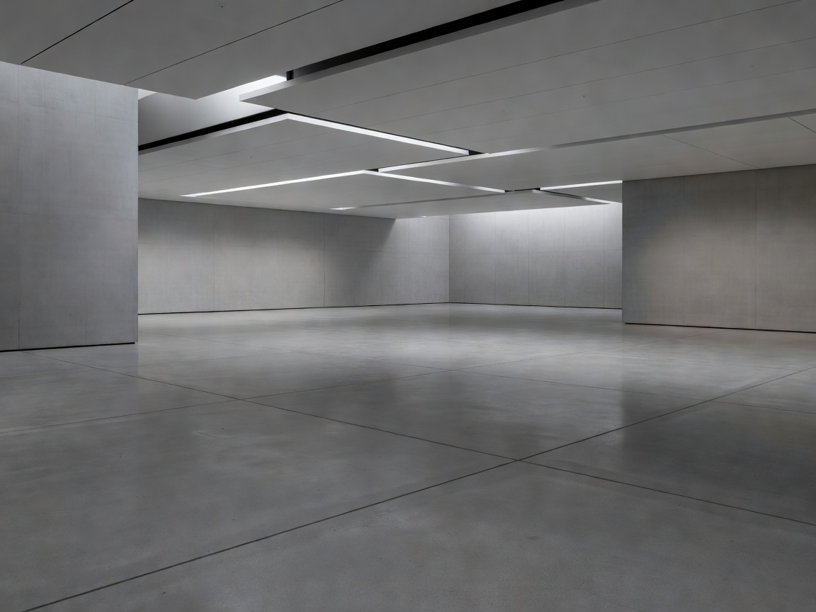 Vast museum gallery space with razor-sharp shadow gaps, monolithic grey concrete floor, and floating acoustic ceilings